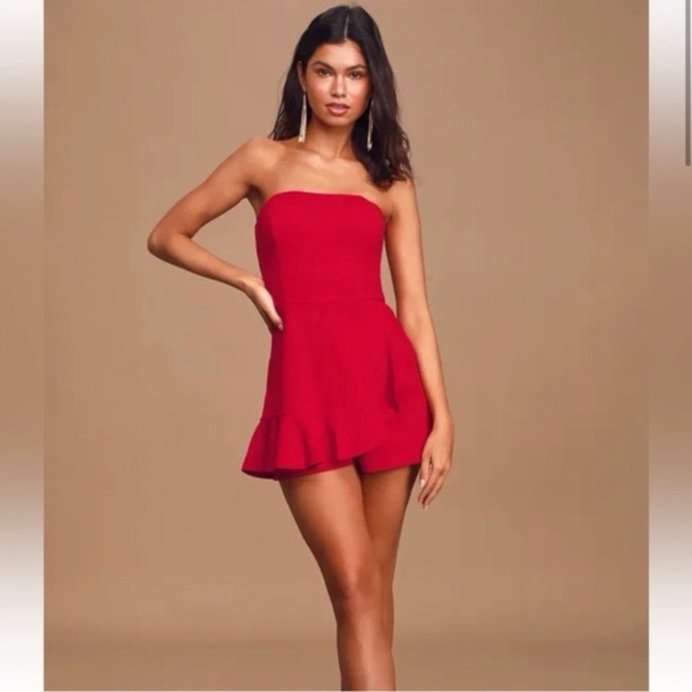 Lulus Call Me Up Red Ruffled Strapless Skort Romper- medium NWT